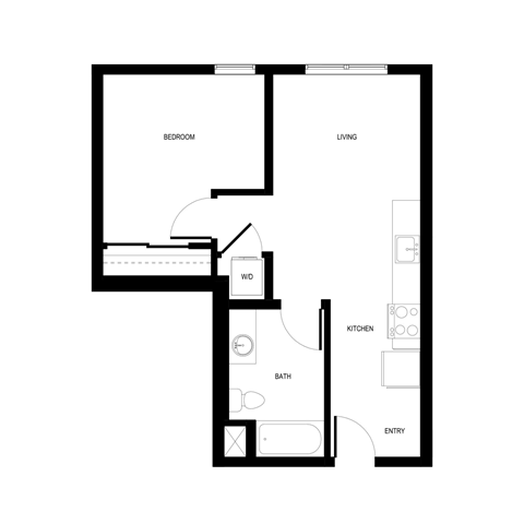 Floor plan for 1 bed, 1 bath, 578 sqft